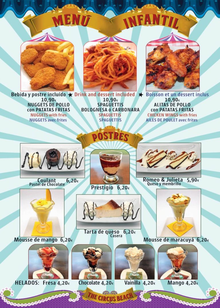 carta circus beach pag 9 menu infantil y postres